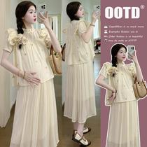 Pregnant women 2024 summer new style cotton and linen embroidered small loose baby doll shirt and belly skirt two-piece suit