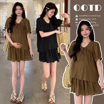 2024 Summer Clothes for Pregnant Women Korean Style Slim Fashion Loose Simple Cool Tops for Going Out Drawstring Shorts Two-piece Set