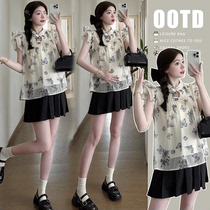 Pregnant womens summer Korean style Chinese-style printed butterfly small flying sleeve baby doll loose pleated skirt two-piece set