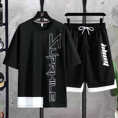 Plus-size men's clothing, oversized sportswear, casual summer trend for fat guys, loose short-sleeved T-shirt and shorts