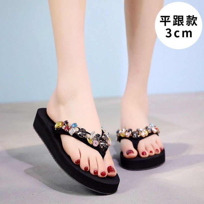 High-Heeled Platform Slippers for Women, Summer 2021 New Style, Internet Celebrity Sandals, Rhinestone Wedge Heels, Fashionable Women's Outdoor Flip-Flops, Trendy