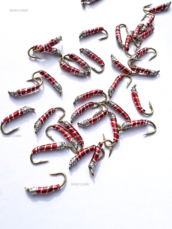 Fiy Tying Red Worm Fly Hook Fish Scale Hook Horse Mouth White Stripe Red Eye Grass Carp Hair Hook Lure Imitation Bait Bionic Hook