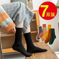 Black womens socks Womens mid-tube socks Pile socks Japanese ins tide solid color long socks womens autumn and winter velvet thickened