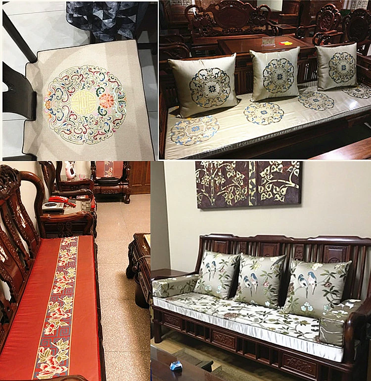 Mới của Trung Quốc bông và vải lanh thêu ghế ăn cung điện ghế vòng đệm gỗ gụ sofa đồ nội thất đệm xốp mat dày tùy chỉnh