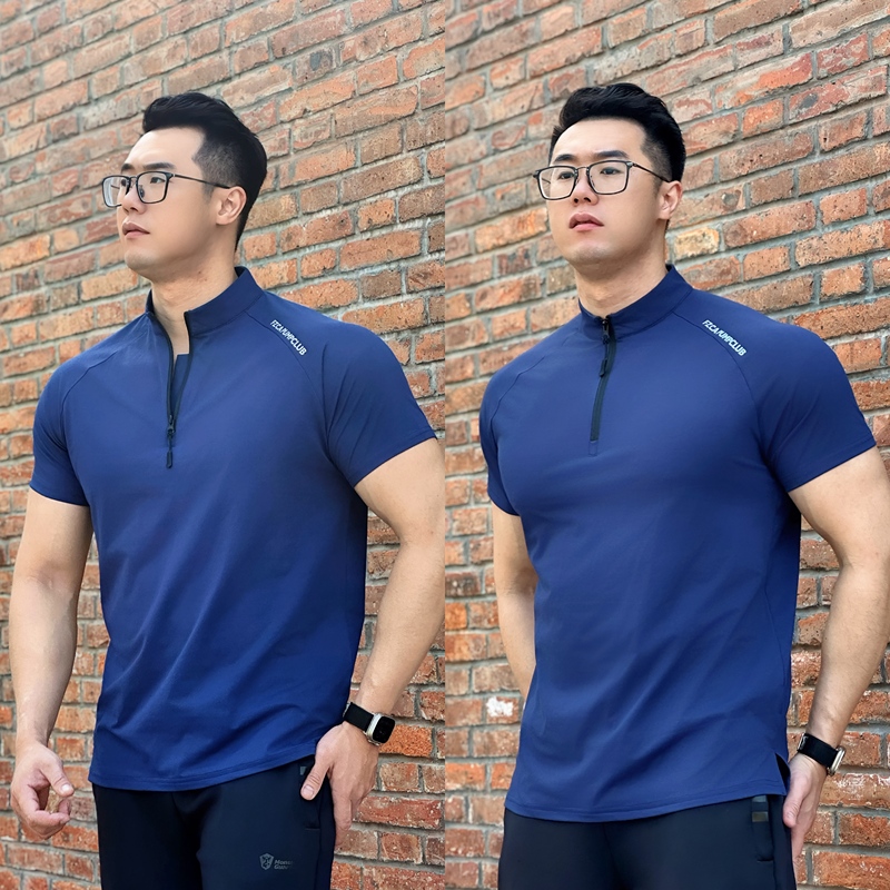 Summer Cotton Fabric Half-Zip Placket Short-Sleeve Fashion Wide-Shoulder Casual Sports Fitness Quick-Dry Short-Sleeve T-Shirt