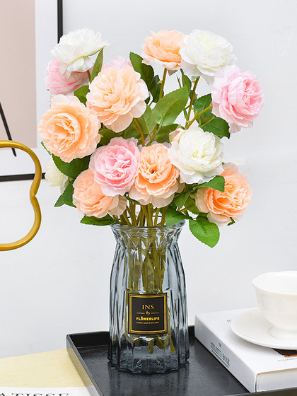 牡丹仿真花绢花塑料假花干花玫瑰花花束室内家居客厅餐桌摆件装饰