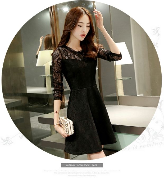 Đầm ren nữ 2018 mùa thu mới dài tay dài mùa xuân váy dưới váy Hàn Quốc khí một từ váy váy suông chữ a
