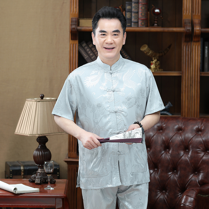 Tang ngắn tay phong cách áo khoác trung niên cha già Trung Quốc của nam giới dressChinese ông nội váy Zhongshan chiếc váy của nam giới