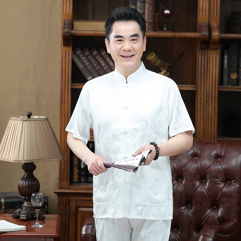 Tang ngắn tay phong cách áo khoác trung niên cha già Trung Quốc của nam giới dressChinese ông nội váy Zhongshan chiếc váy của nam giới