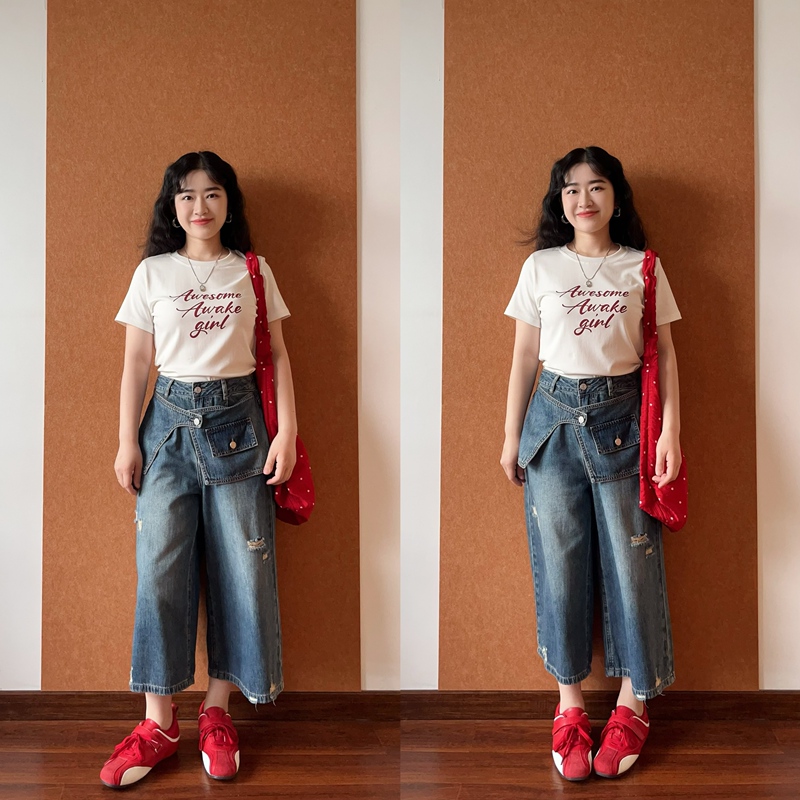 Xiaohai's Fake Two-Piece Irregular Cropped Wide-Leg Jeans for Women, Summer Thin Style, Petite, Ripped, Trendy, Loose Fit