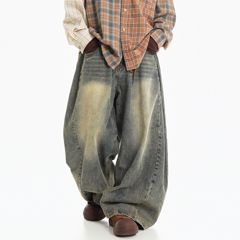 Oversized American Retro Stacked Drape Jeans for Men and Women, Loose Fit, Distressed Washed Silhouette Pants