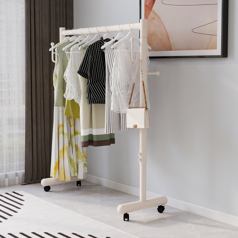 Adjustable Telescopic Coat Rack with Wheels, Balcony Indoor Household Lifting and Lowering Floor-Standing Mobile Clothes Rack with Hooks