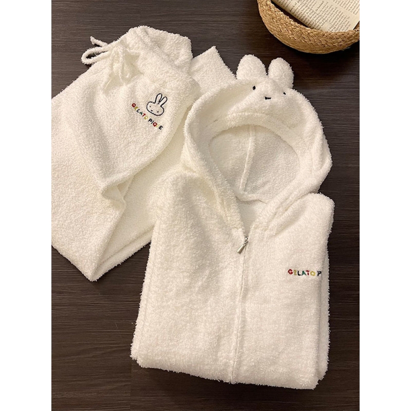 Miss Bunny Soft and Cute Bunny Ear Hooded Half-Velvet Pajamas for Women, Autumn Thickened Warm Home Two-Piece Set