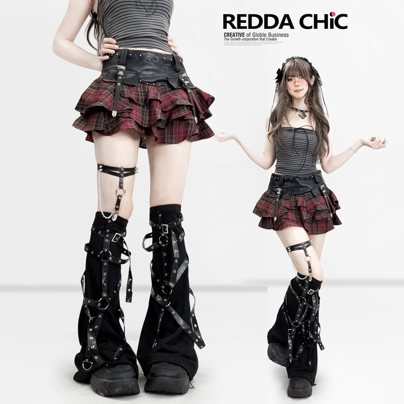 Subculture Dark Red Plaid Layered Cake Skirt Pu Leather Pleated Skirt Leg Set Y2K Short Skirt