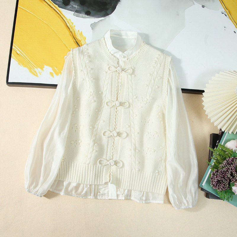 2023 Fall New Sweater Women's Round Collar Retro Platoon Button 100 lapped short sleeves No sleeves 100 wool mulled jacket-Taobao