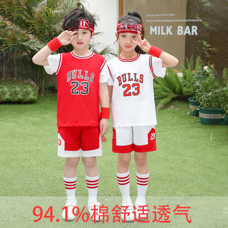 Boy Short Sleeve Suit Pure Cotton Fake Two Summer Tide Jersey Thin sports breathable CUHK Children's basketball clothes