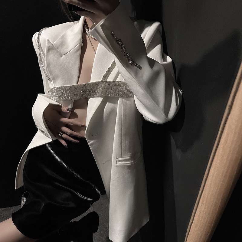 IAMCPLUS Sunny glitter one-piece tank top two-piece double-breasted blazer women's white silhouette suit