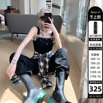 IAMCPLUS Sunny Black Joker Casual Jeans Women Loose Straight Wide Leg Strap