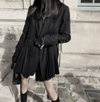 IAMCPLUS chic British style design organ pleated wool thin suit black casual jacket women