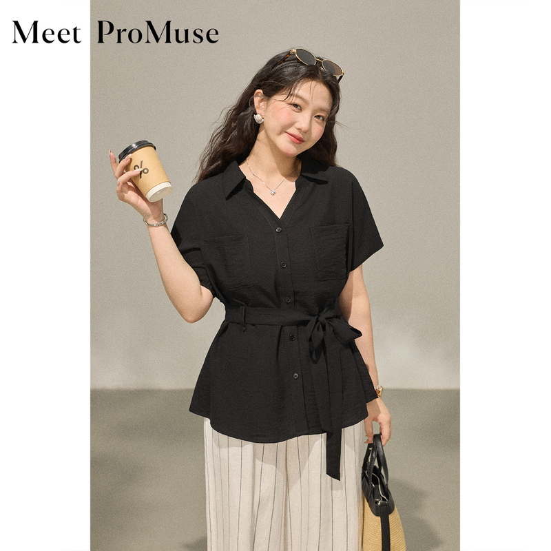 Pomu Plus Size Women's Clothing Black High-End V-Neck Tie Waist Shirt Women's Autumn Casual Commuting Short-Sleeve Top