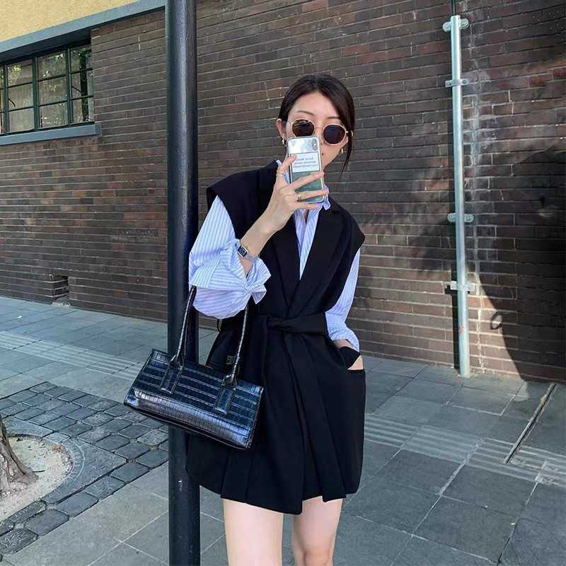 Korean suit vest vest jacket female long version British style Korean version all-match loose sleeveless mid-length vest