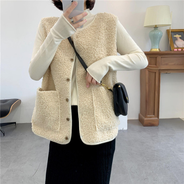 Lamb wool vest vest women's short autumn and winter 2022 new Korean version loose fur one-piece vest vest jacket