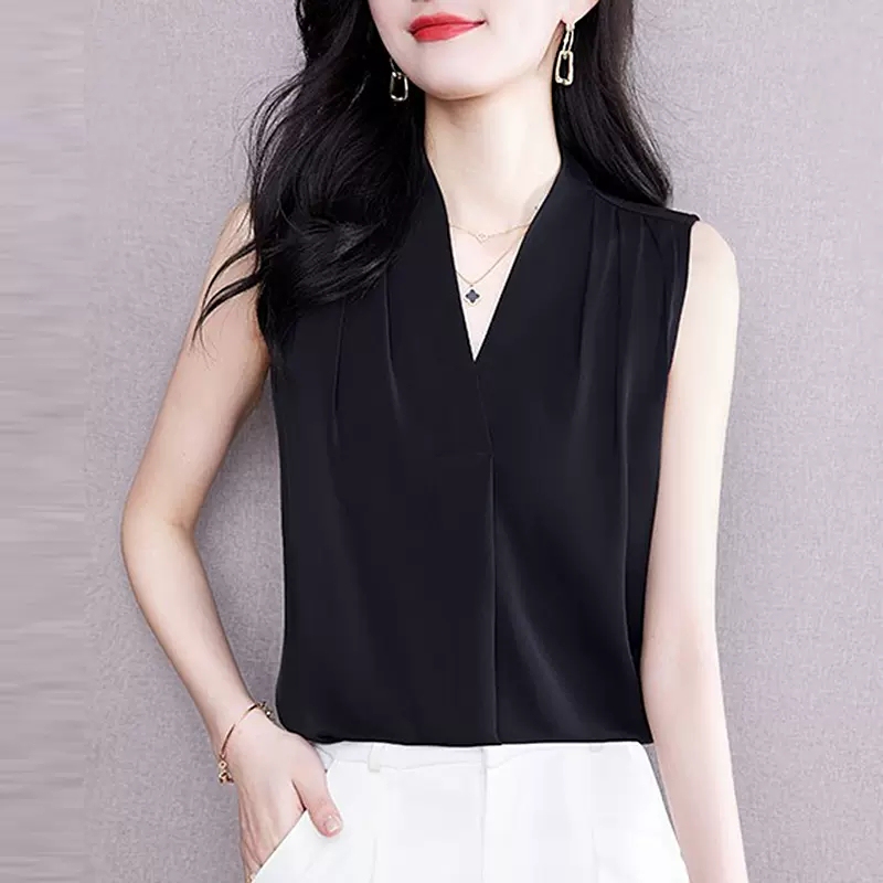 Summer New Style Black Sleeveless Shirt, Elegant and Refreshing Chiffon Shirt for Women, Summer Vest, High-End Top