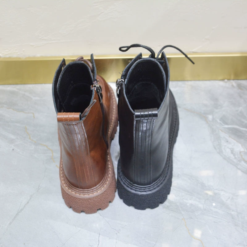 Châu Âu ga 2020 mùa thu và mùa đông mới Martin boots của phụ nữ giày da bò đế dày mũi tròn phối ren phong cách Anh xu hướng tất cả các kết hợp - Giày cao gót