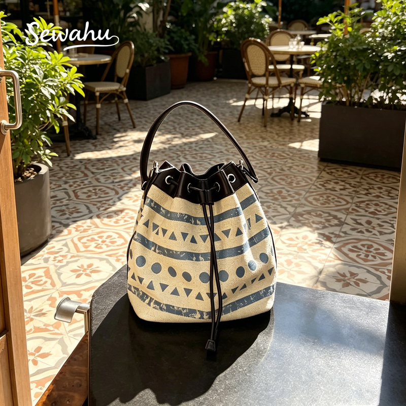 Bohemian Geometric Print Bucket Bag, Retro Ethnic Style Drawstring Handbag, Niche Shoulder Crossbody Bag