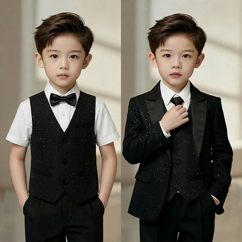 Boys' Suit Set Shiny Flower Boy Birthday Suit Piano Performance Outfit Black British Style Children's Host Dress Boys' Suit Set Shiny Flower Boy Birthday Suit Piano Performance Outfit Black British Style Children's Host Dress
