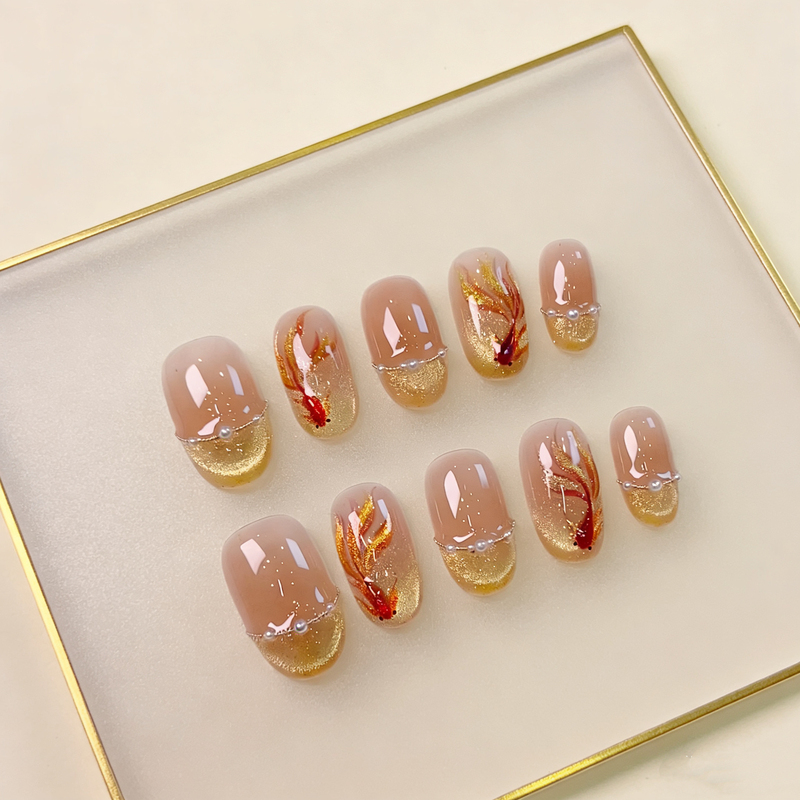 Yuanman【Koi】 Chinese-Style Hand-Painted Koi New Year Armor Pure Handmade Wearable Nail Art Long and Short Styles with a High-End Feel