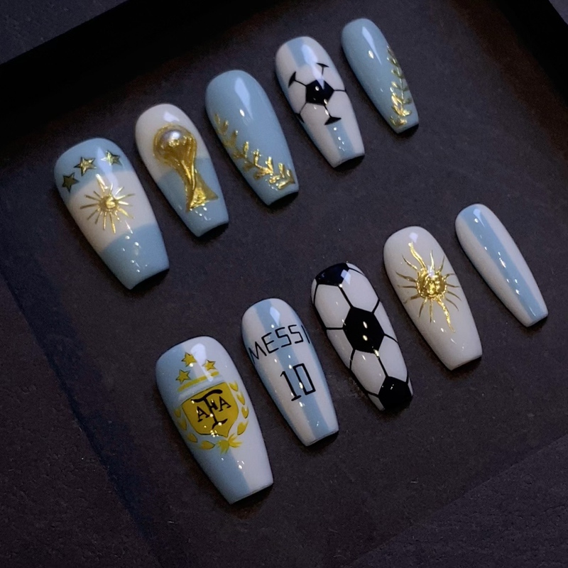 Yuanman【World Cup-Argentina】Handmade Wearable Nail Art, Long and Short Styles, High-End Feel