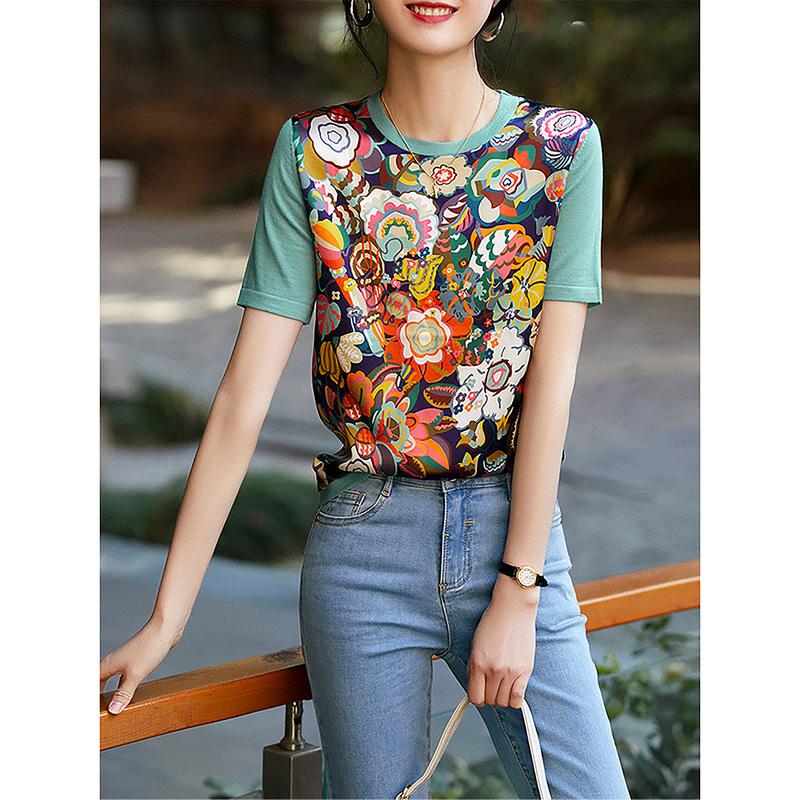 【Ice Point Price】Xiaohan Pavilion Blooming Garden Comfortable and Fresh Mulberry Silk Printed Wool Blend Knitted Top