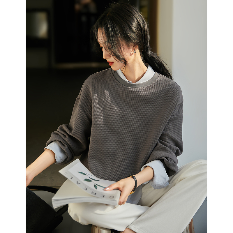 【Ice Point Price】Xiaohan Pavilion Athflow Waffle Knit Sweatshirt Loose Fit Casual Short Sweatshirt Top