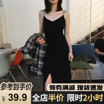 Summer dress 2021 new womens sweet French black sling open fork dress temperament Hepburn dress