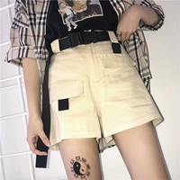 Mùa hè Hàn Quốc ulzzang hoang dã retro overalls bf gió quần short túi (có thắt lưng) quần short nữ ống rộng
