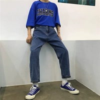 Mùa thu 2018 phiên bản Hàn Quốc mới của ulzzang Harajuku retro lỏng lẻo sinh viên chín điểm quần jean nam và nữ quần jean nữ cạp cao