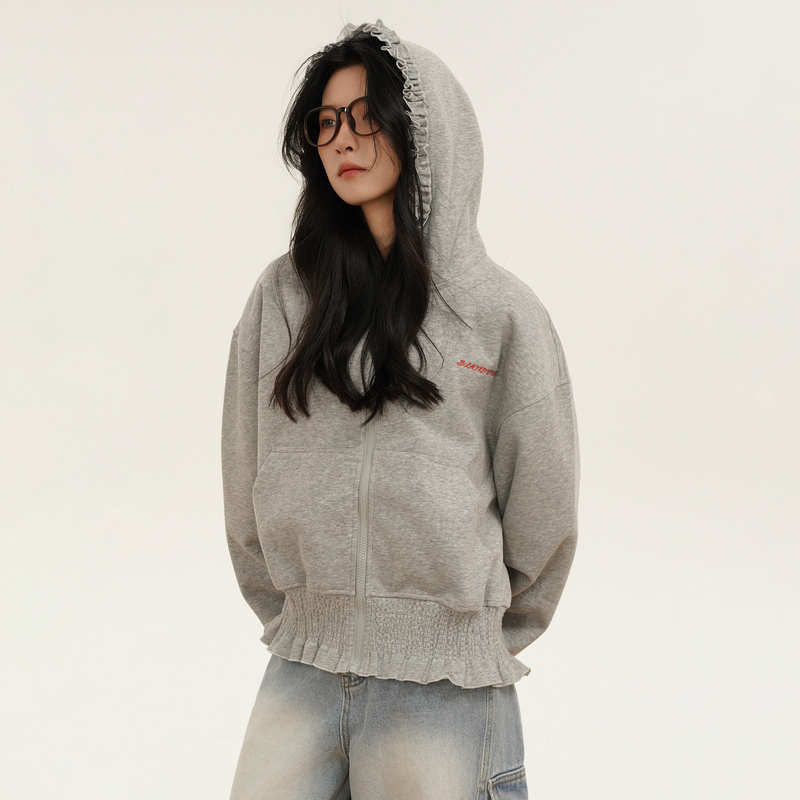 Junecut Autumn New Lace Waist-Cinching Short Embroidered Hooded Sweatshirt for Women ins Trendy Casual Jacket