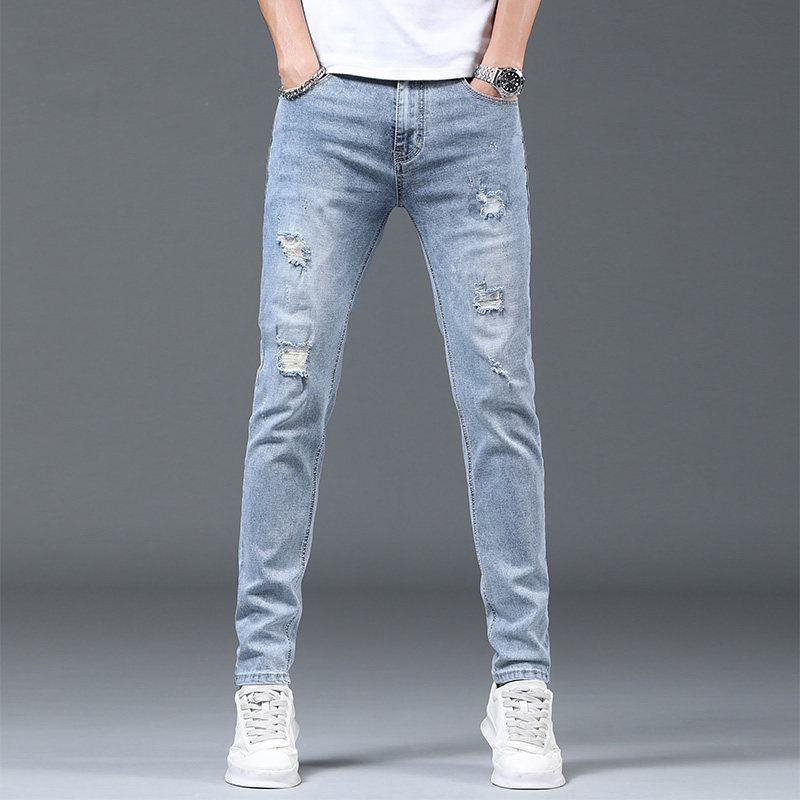 Jeans Men's summer slim fit Hole Elastic Body smoke pipe pants Light color Chaulet Youth washed jeans Long pants