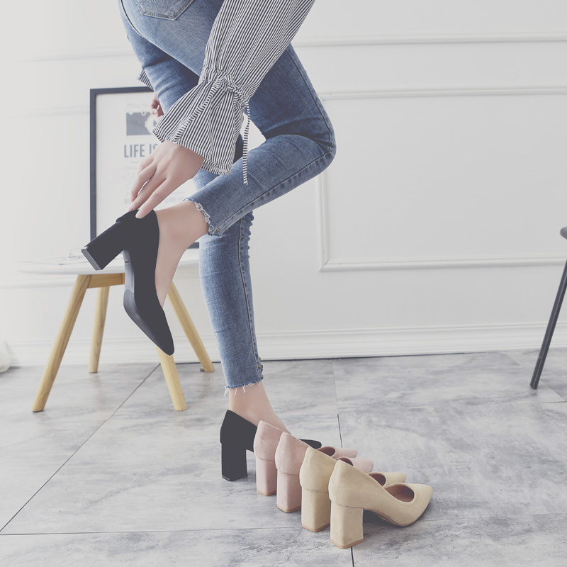 2022 Spring New High Heels Shoes Woman Coarse Heel Single Shoes 100 Hitch Black Professional Women's Shoes Pointy Shoes Shallow Mouth Shoes