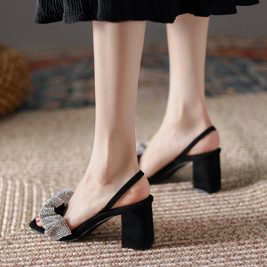 Yang Mi Style Sandals for Women, Summer 2025 New Model, Rhinestone Strap High Heels, Chunky Heel, Fairy Style Fashion Shoes