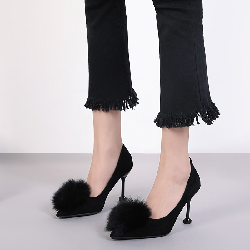 High Heel Shoes Spring Autumn Season New Wine Cups Heel Fine Heel Women's Shoes Custard Hair Wool Velvet Face Sexy All Season Single Shoes