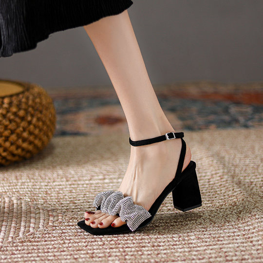 Yang Mi Style Sandals for Women, Summer 2025 New Model, Rhinestone Strap High Heels, Chunky Heel, Fairy Style Fashion Shoes