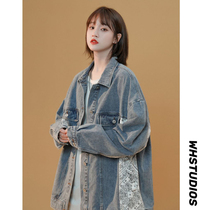 MAJE DVAWN waist fruit flower denim jacket woman 2021 fall new Korean version loose splicing jacket blouses