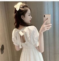 MAJE DVAWN2022 years square collar dress Summer French style large code dew back temperament Bow Tie Slim