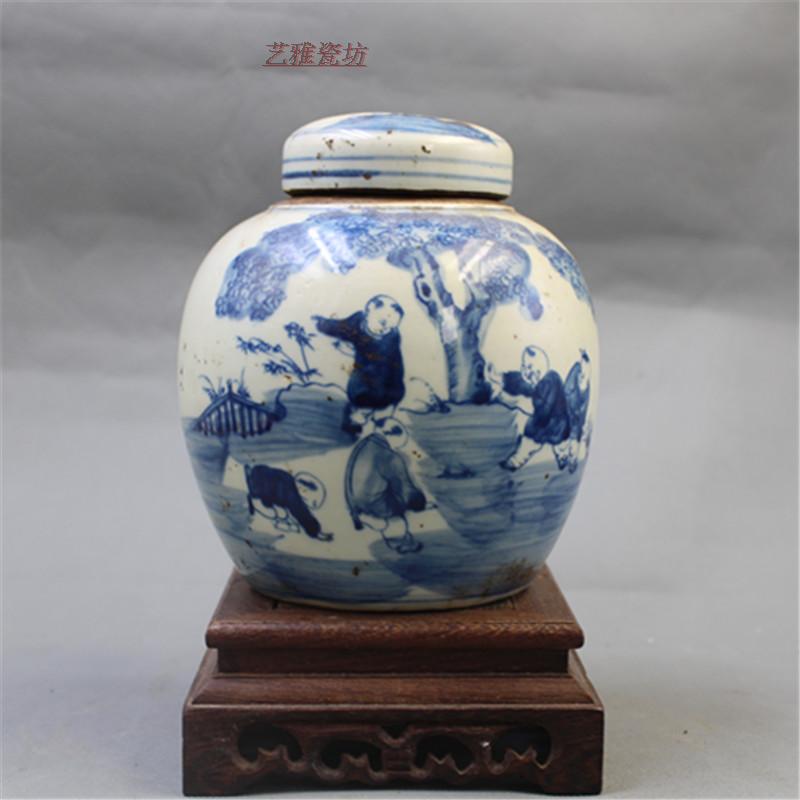 Jingdezhen antique porcelain Qing hand painted green flower baby drama old jjar tea leaf jars old stock collection