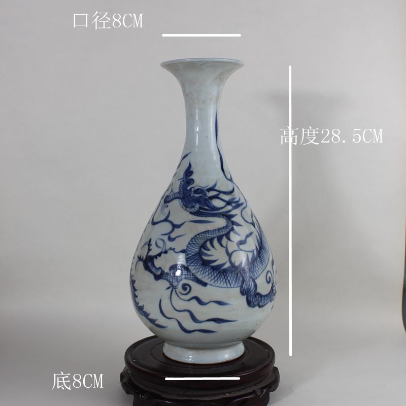 Jingdezhen Antique porcelain Imitation Yuan dynasty blue and white single dragon jade pot spring vase Antique collection Ornament vase