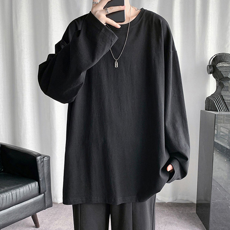 Spring and Autumn Solid Color Long-Sleeve T-Shirt for Men ins Hong Kong Style Loose Pure Black Crew Neck Plus Size Inner Layer Base Shirt Top