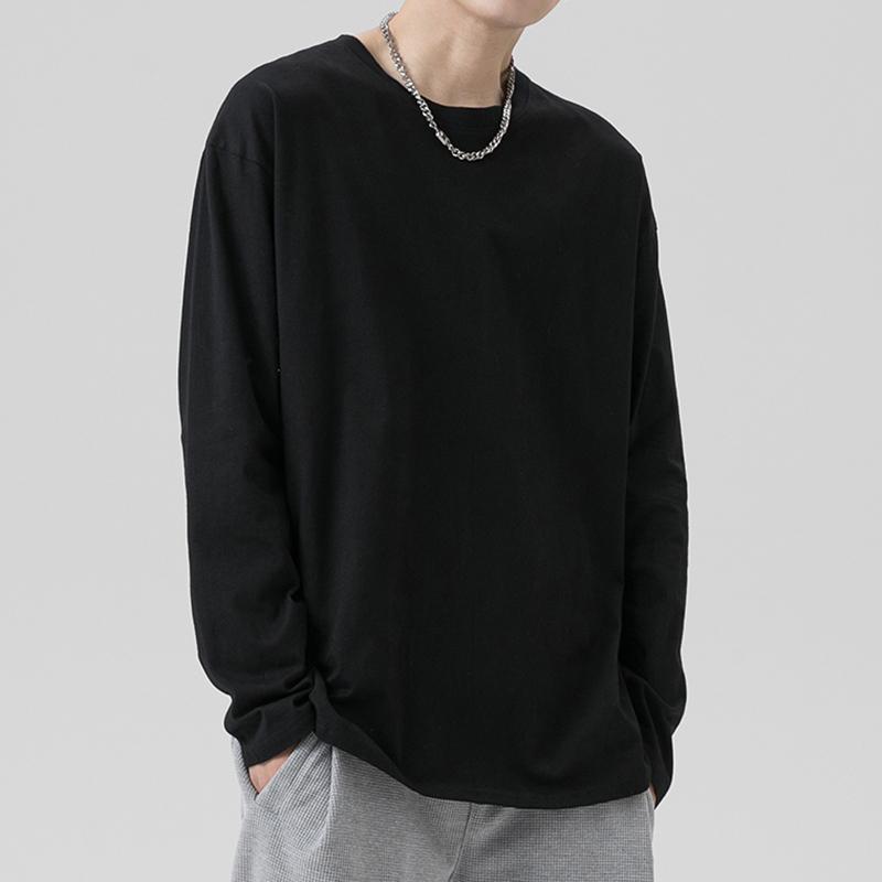 Long-Sleeved T-Shirt for Men, Suitable for Spring, Autumn, and Winter, Pure Black Casual Inner Wear, Trendy Men's Clothing, White Base Shirt
