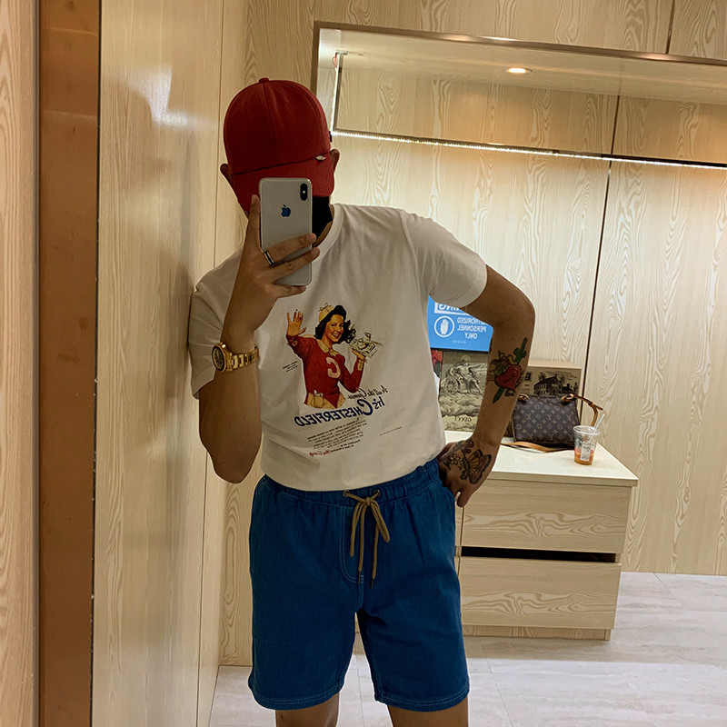 BROTHER summer men's white round neck half-sleeved top INS net red retro beauty print T-shirt short-sleeved tide